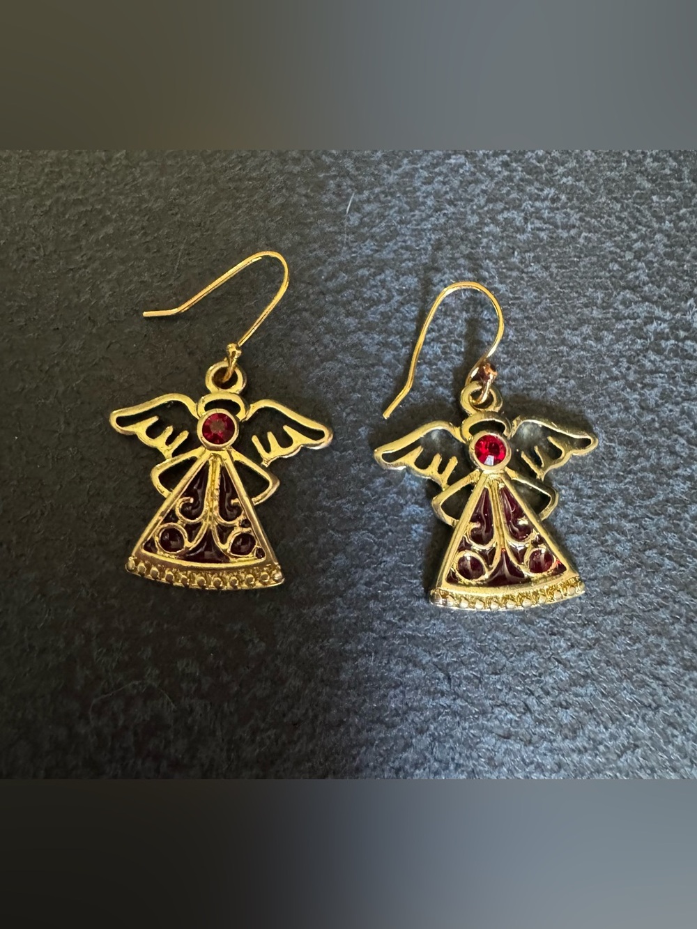 Gold Angel Drop Earrings with Red Accents - Women Jewelry